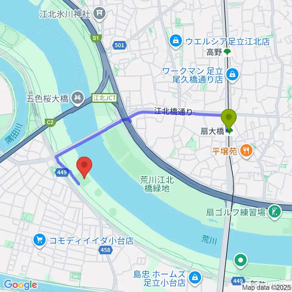 江北橋緑地右岸球技場の最寄駅扇大橋駅からの徒歩ルート（約16分）地図