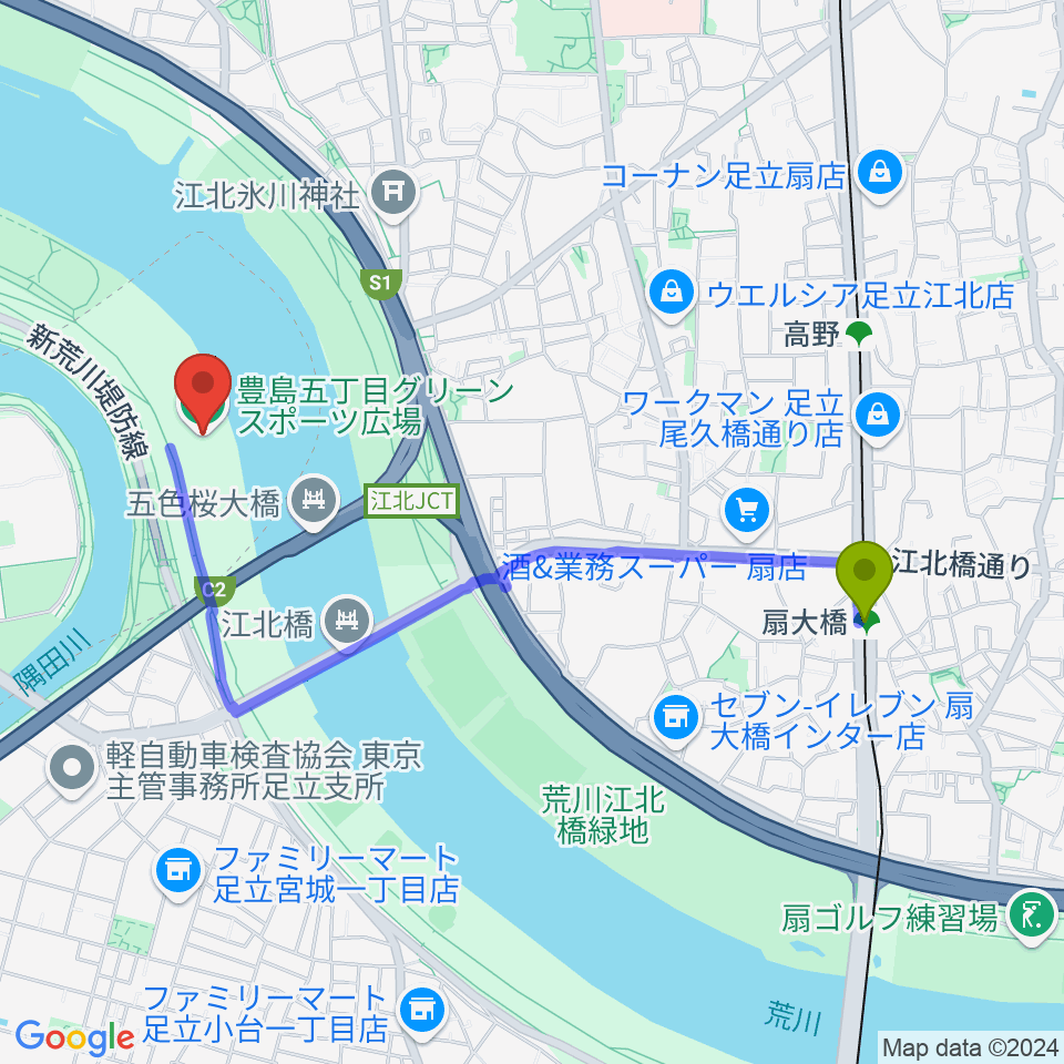 扇大橋駅から豊島五丁目グリーンスポーツ広場陸上競技場へのルートマップ地図