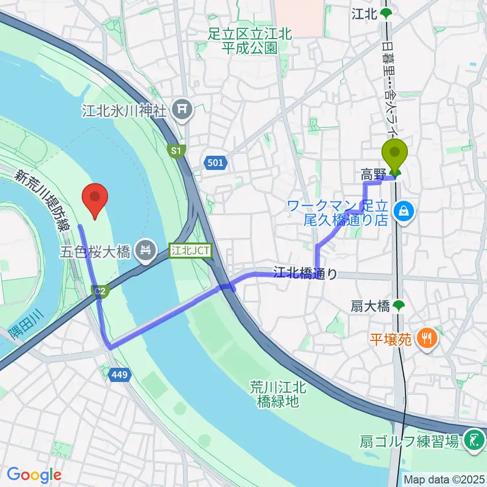 豊島五丁目グリーンスポーツ広場陸上競技場の最寄駅高野駅からの徒歩ルート（約19分）地図