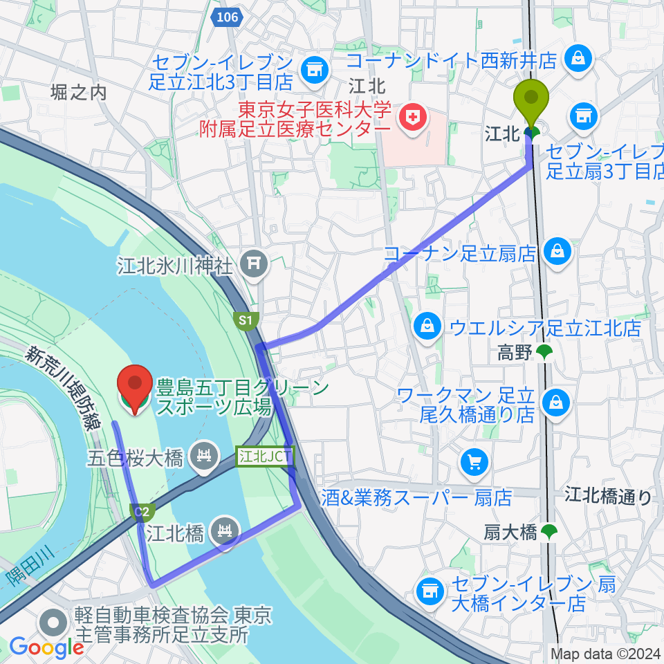 江北駅から豊島五丁目グリーンスポーツ広場陸上競技場へのルートマップ地図