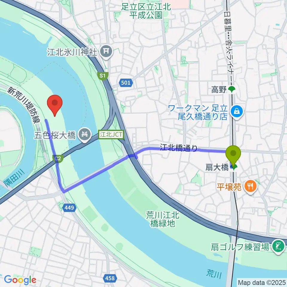 扇大橋駅から豊島五丁目グリーンスポーツ広場少年野球場へのルートマップ地図
