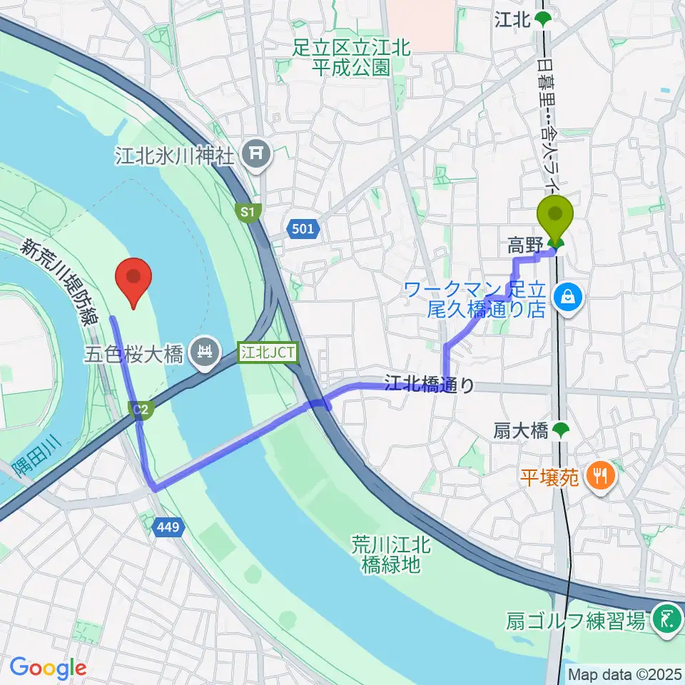 豊島五丁目グリーンスポーツ広場少年野球場の最寄駅高野駅からの徒歩ルート（約19分）地図