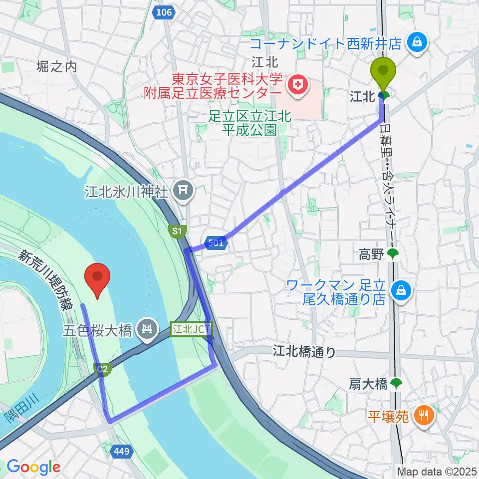 江北駅から豊島五丁目グリーンスポーツ広場少年野球場へのルートマップ地図