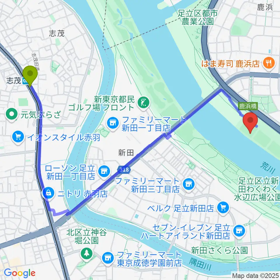 鹿浜橋緑地野球場の最寄駅志茂駅からの徒歩ルート（約25分）地図