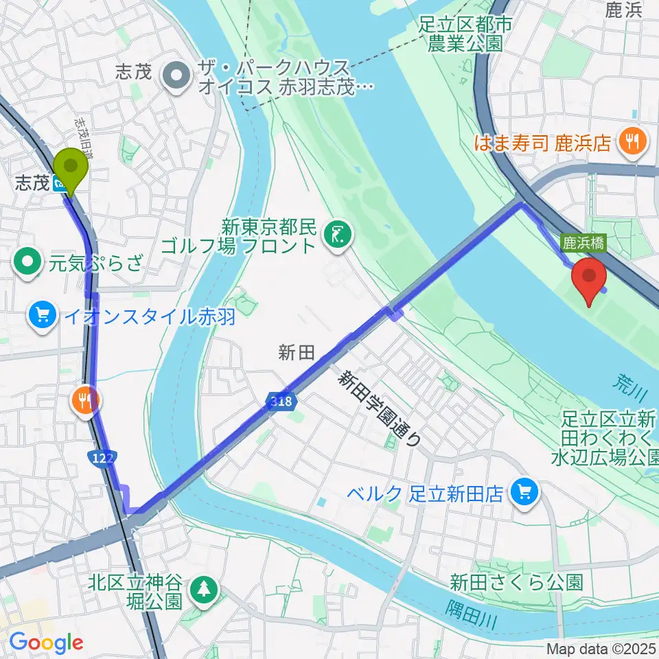 鹿浜橋緑地野球場の最寄駅志茂駅からの徒歩ルート（約25分）地図