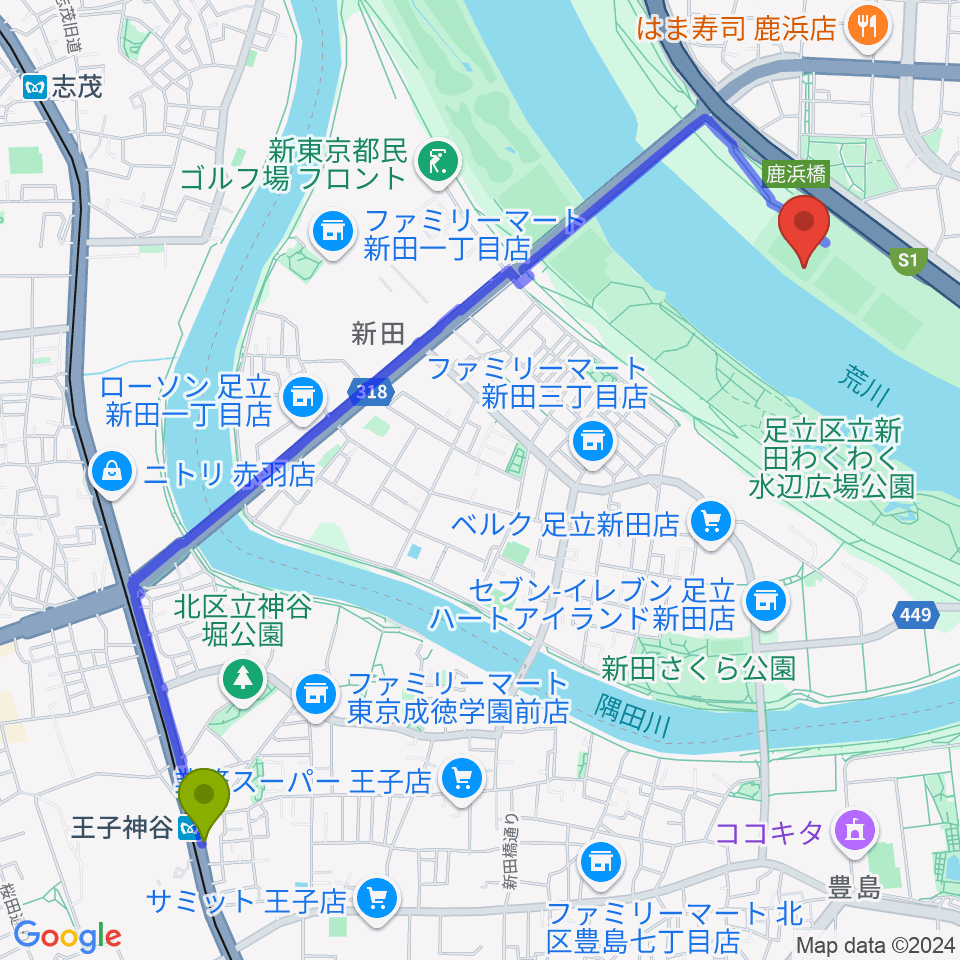王子神谷駅から鹿浜橋緑地野球場へのルートマップ地図
