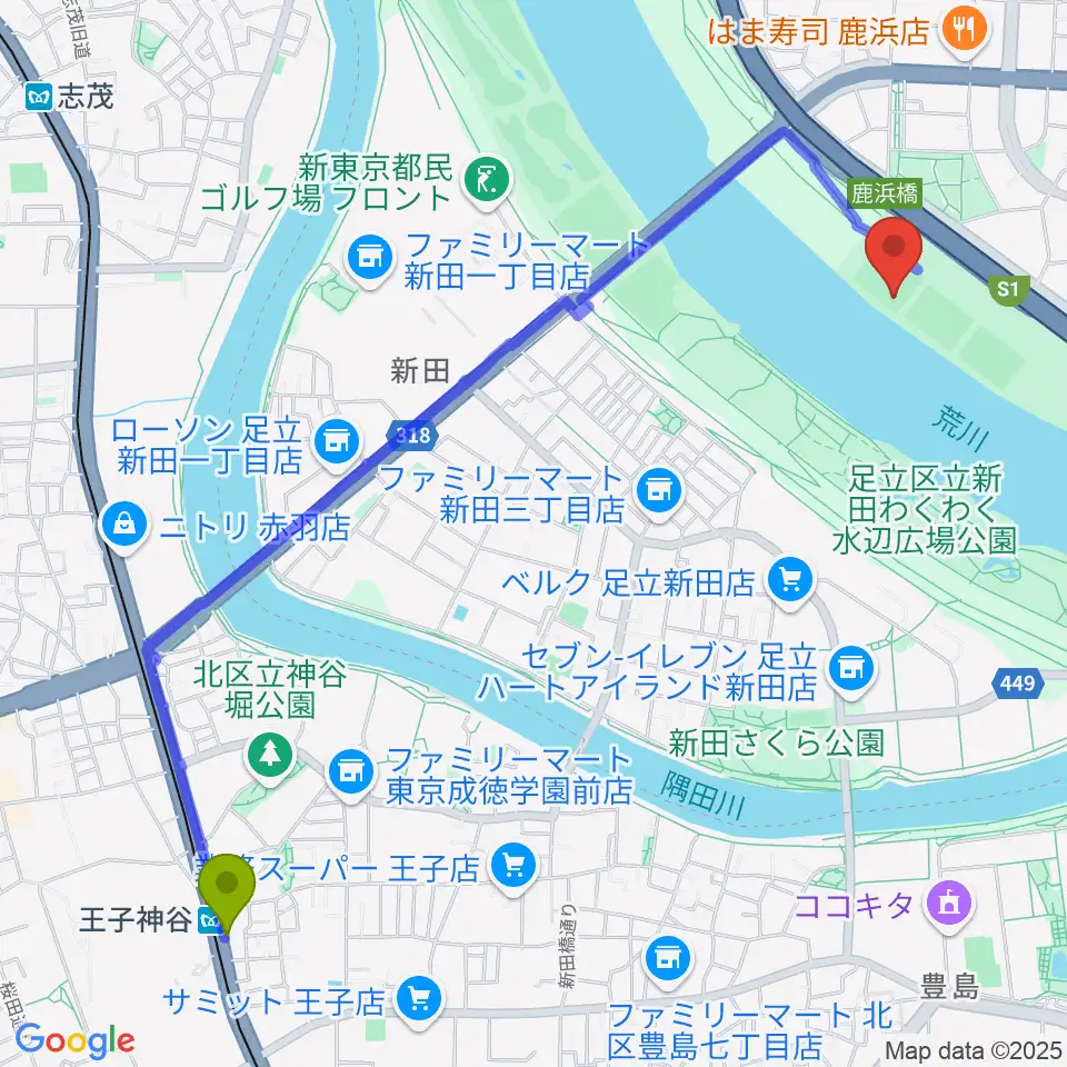 王子神谷駅から鹿浜橋緑地野球場へのルートマップ地図