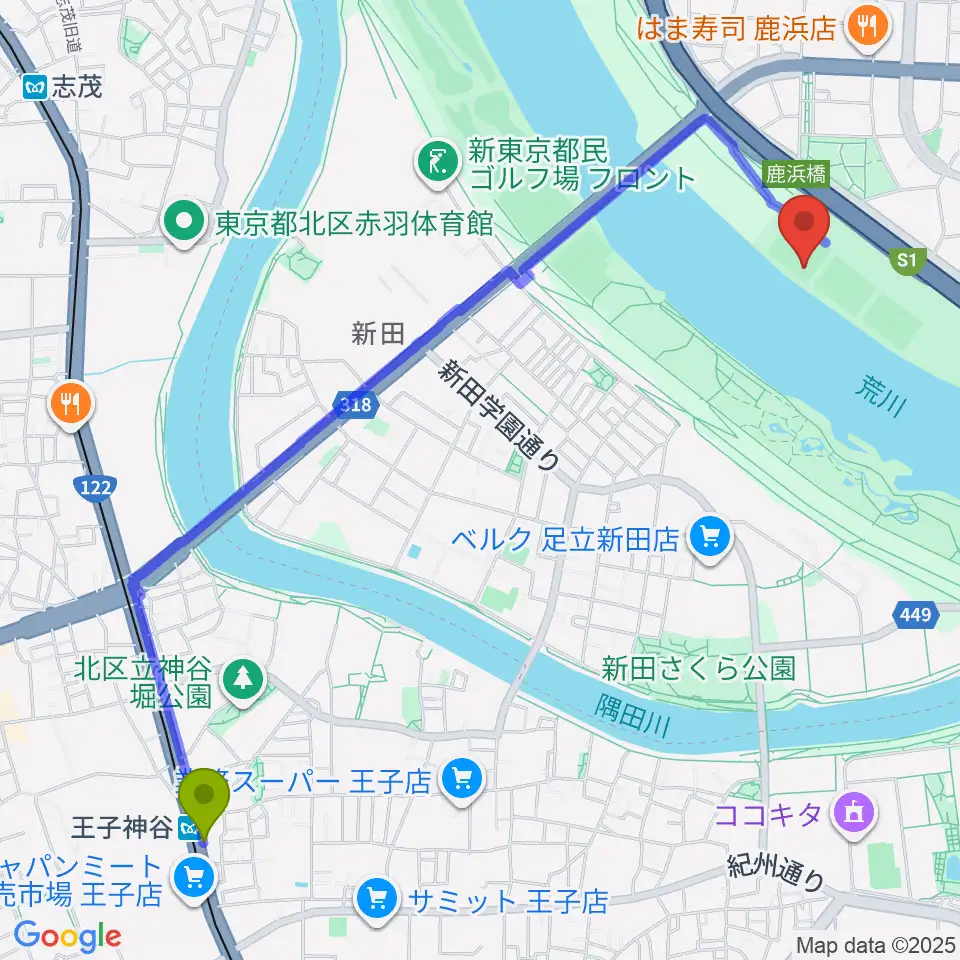王子神谷駅から鹿浜橋緑地野球場へのルートマップ地図