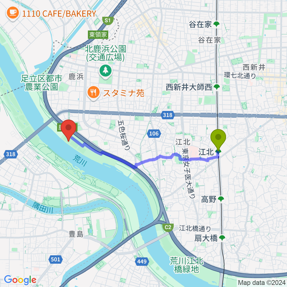 江北駅から鹿浜橋緑地野球場へのルートマップ地図