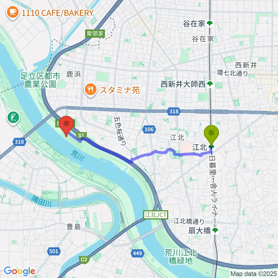 江北駅から鹿浜橋緑地野球場へのルートマップ地図