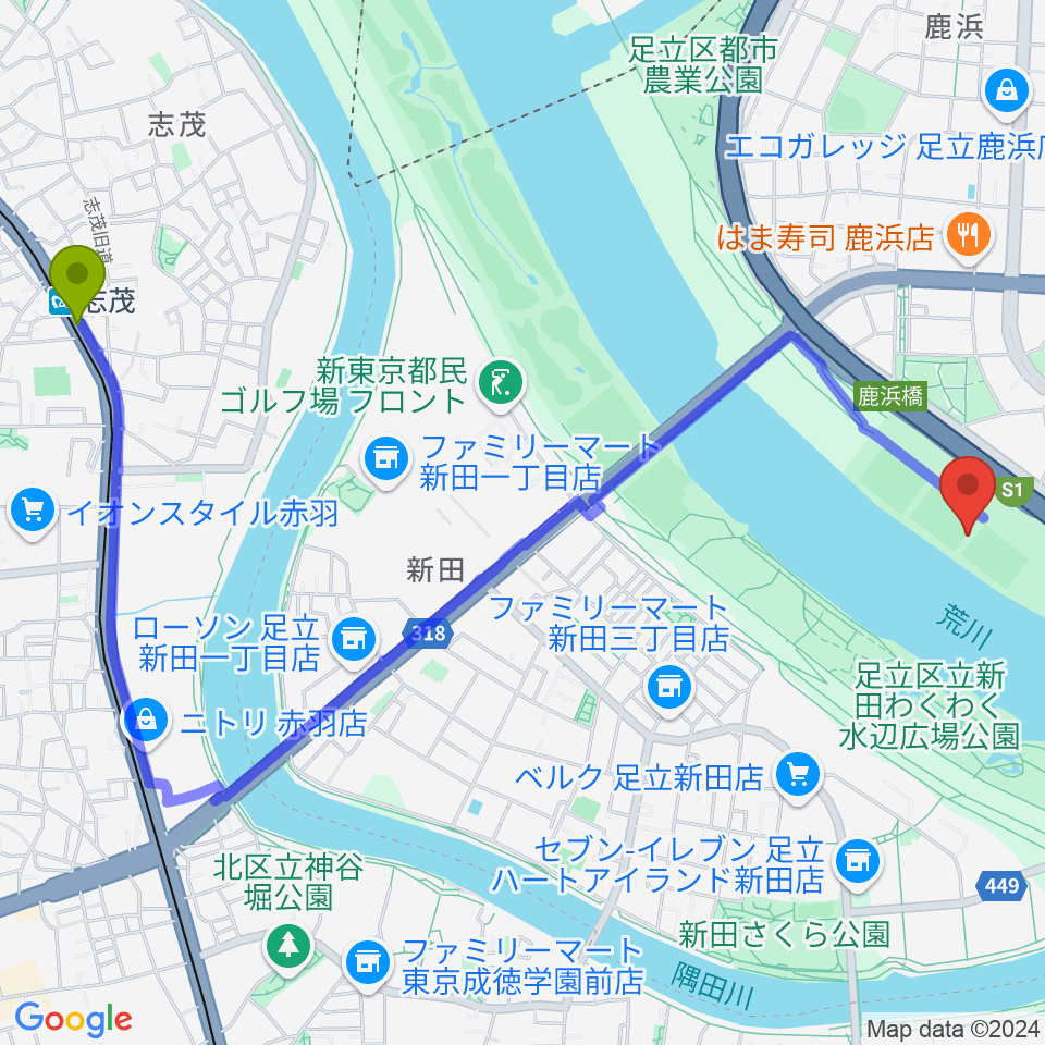 鹿浜橋緑地球技場の最寄駅志茂駅からの徒歩ルート（約27分）地図