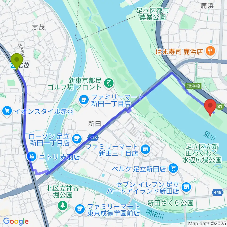 鹿浜橋緑地球技場の最寄駅志茂駅からの徒歩ルート（約27分）地図