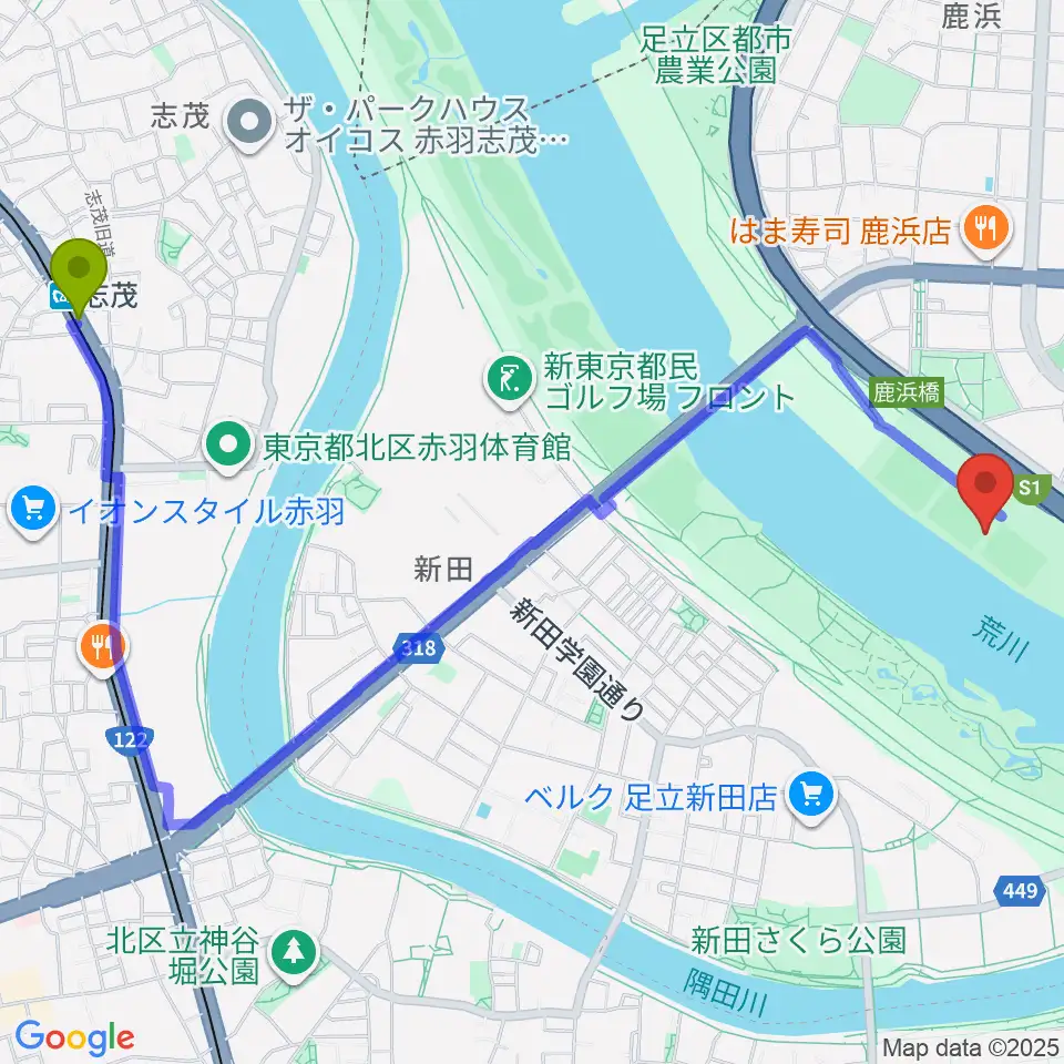 鹿浜橋緑地球技場の最寄駅志茂駅からの徒歩ルート（約27分）地図