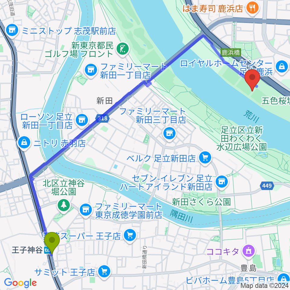 王子神谷駅から鹿浜橋緑地球技場へのルートマップ地図