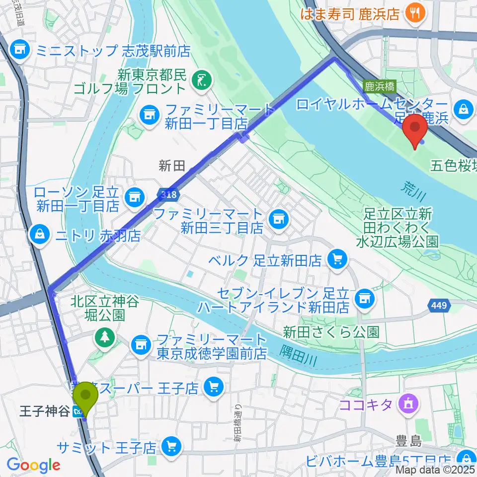 王子神谷駅から鹿浜橋緑地球技場へのルートマップ地図