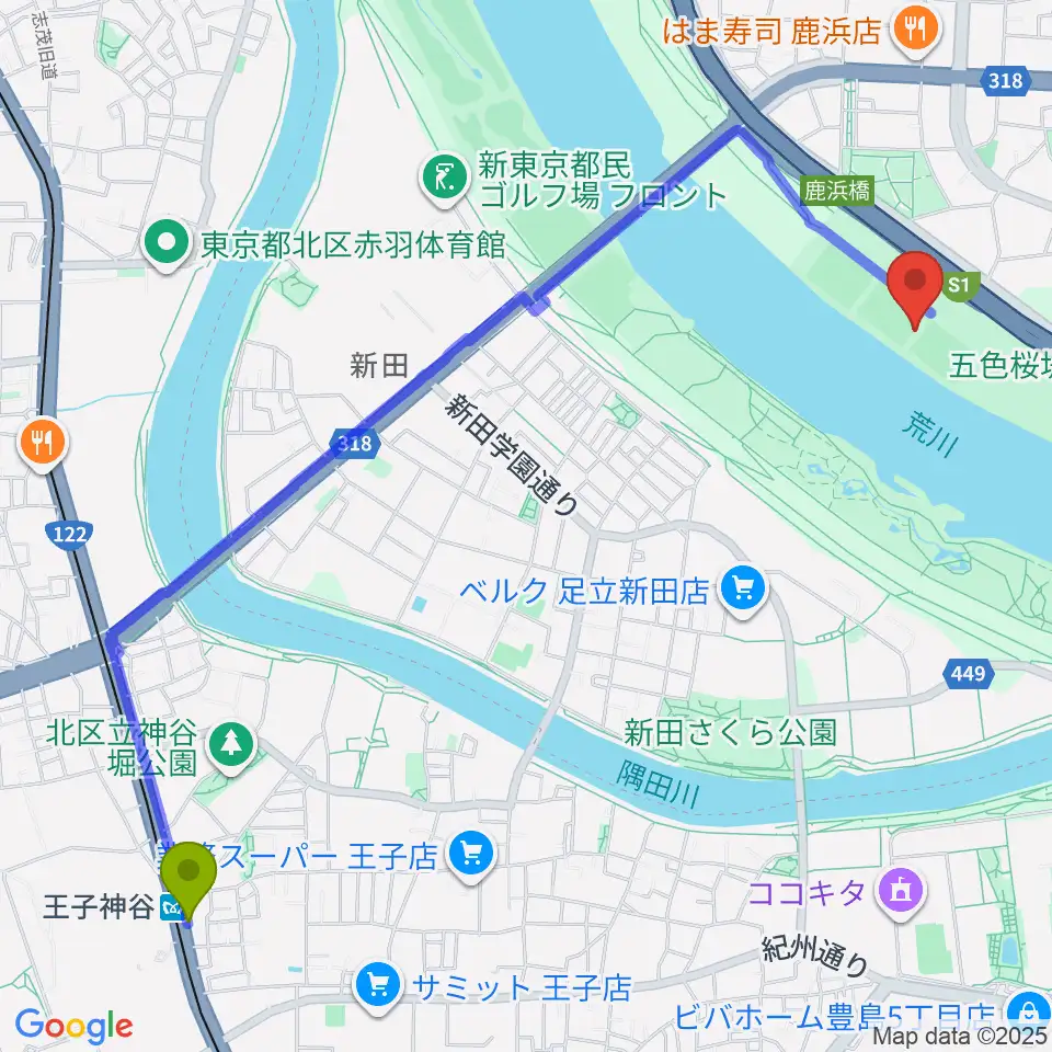 王子神谷駅から鹿浜橋緑地球技場へのルートマップ地図