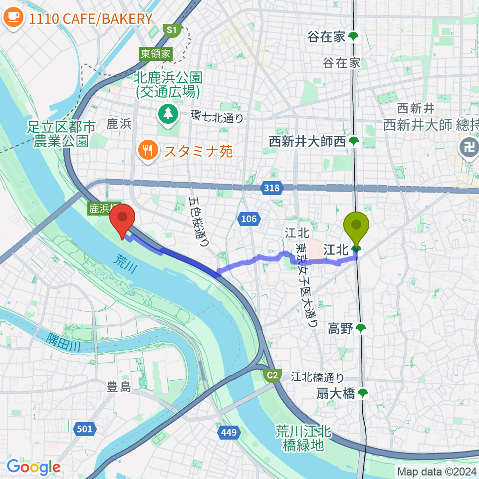 江北駅から鹿浜橋緑地球技場へのルートマップ地図