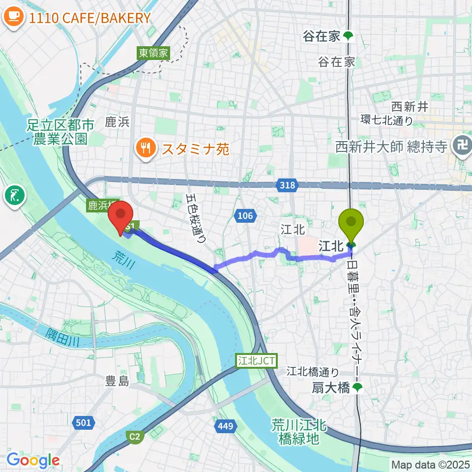 江北駅から鹿浜橋緑地球技場へのルートマップ地図