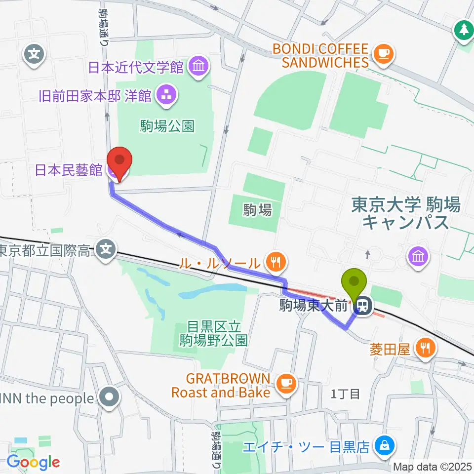 日本民藝館の最寄駅駒場東大前駅からの徒歩ルート（約9分）地図