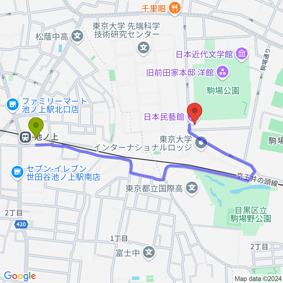 池ノ上駅から日本民藝館へのルートマップ地図