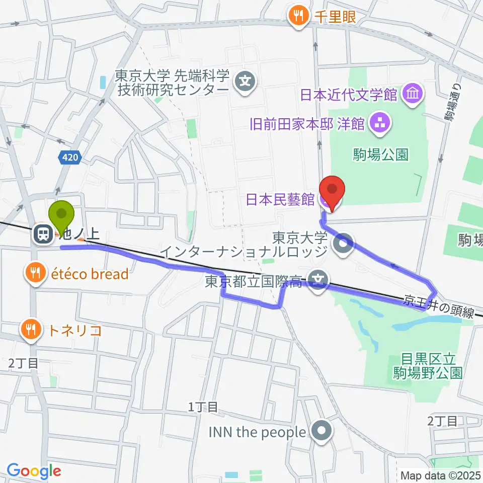 池ノ上駅から日本民藝館へのルートマップ地図