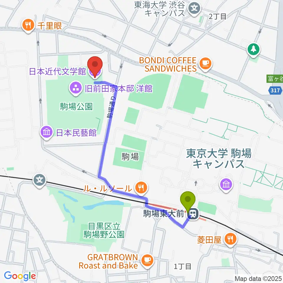 日本近代文学館の最寄駅駒場東大前駅からの徒歩ルート（約9分）地図