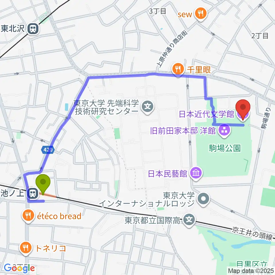 池ノ上駅から日本近代文学館へのルートマップ地図