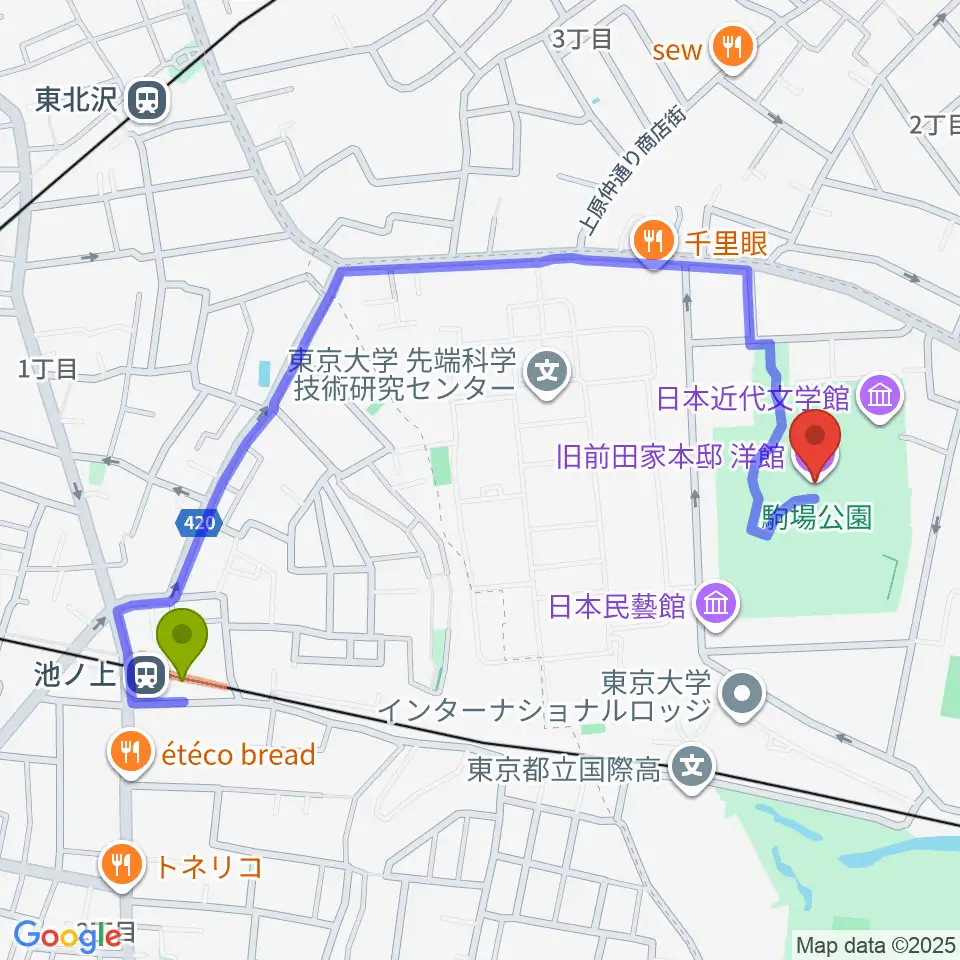 池ノ上駅から旧前田家本邸へのルートマップ地図