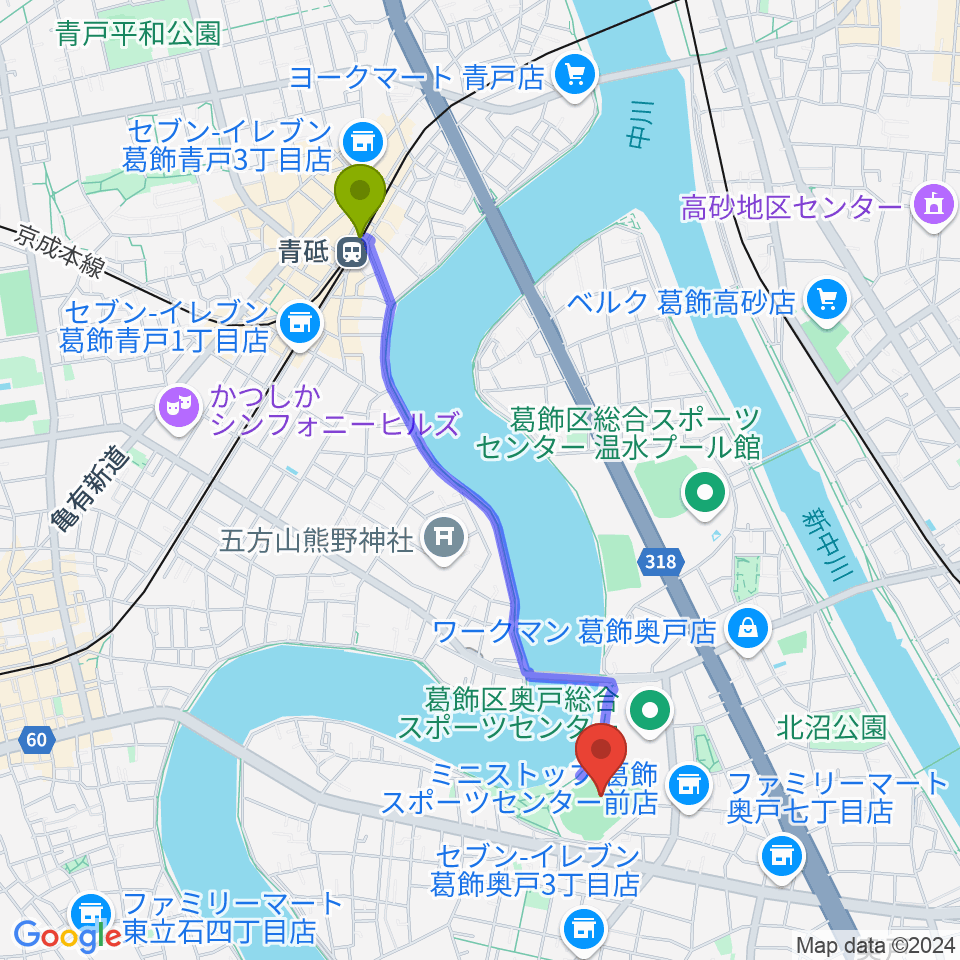 奥戸総合スポーツセンター陸上競技場の最寄駅青砥駅からの徒歩ルート（約20分）地図