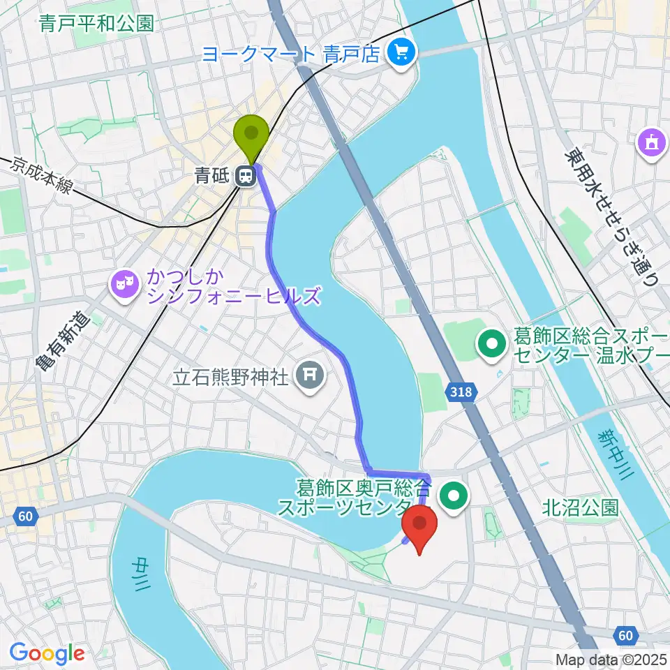 奥戸総合スポーツセンター陸上競技場の最寄駅青砥駅からの徒歩ルート（約20分）地図