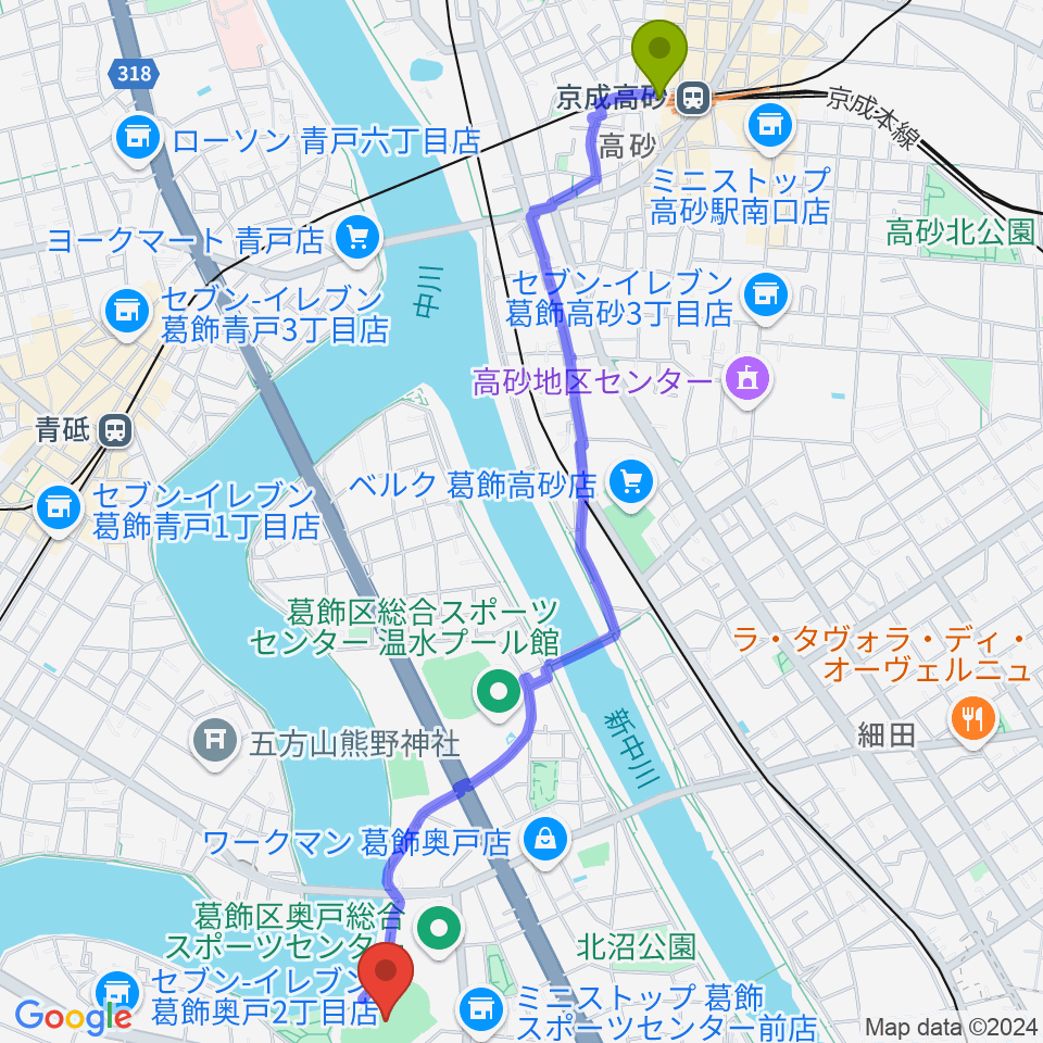 京成高砂駅から奥戸総合スポーツセンター陸上競技場へのルートマップ地図