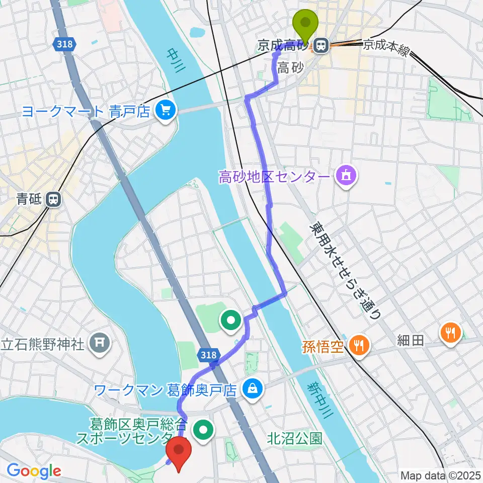京成高砂駅から奥戸総合スポーツセンター陸上競技場へのルートマップ地図