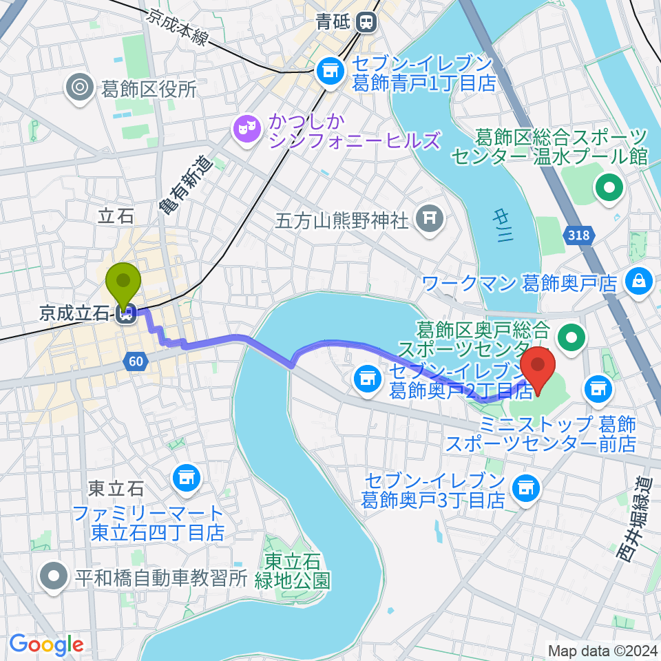 京成立石駅から奥戸総合スポーツセンター陸上競技場へのルートマップ地図