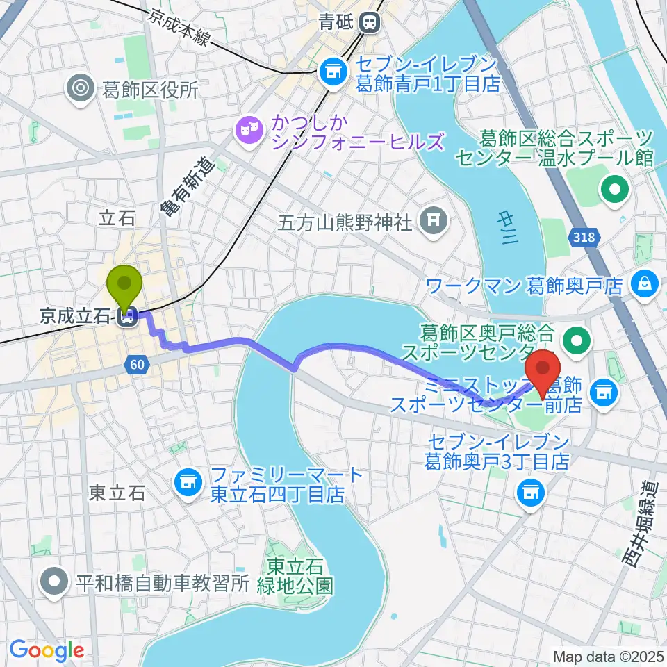 京成立石駅から奥戸総合スポーツセンター陸上競技場へのルートマップ地図