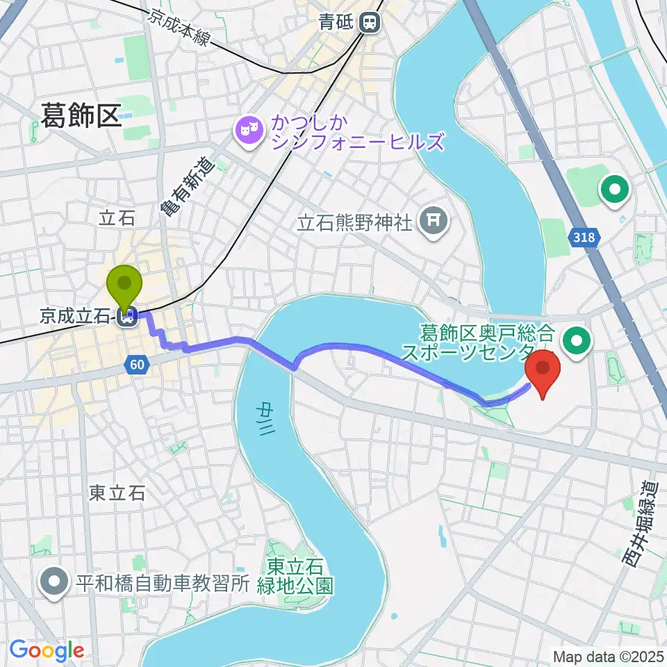 京成立石駅から奥戸総合スポーツセンター陸上競技場へのルートマップ地図
