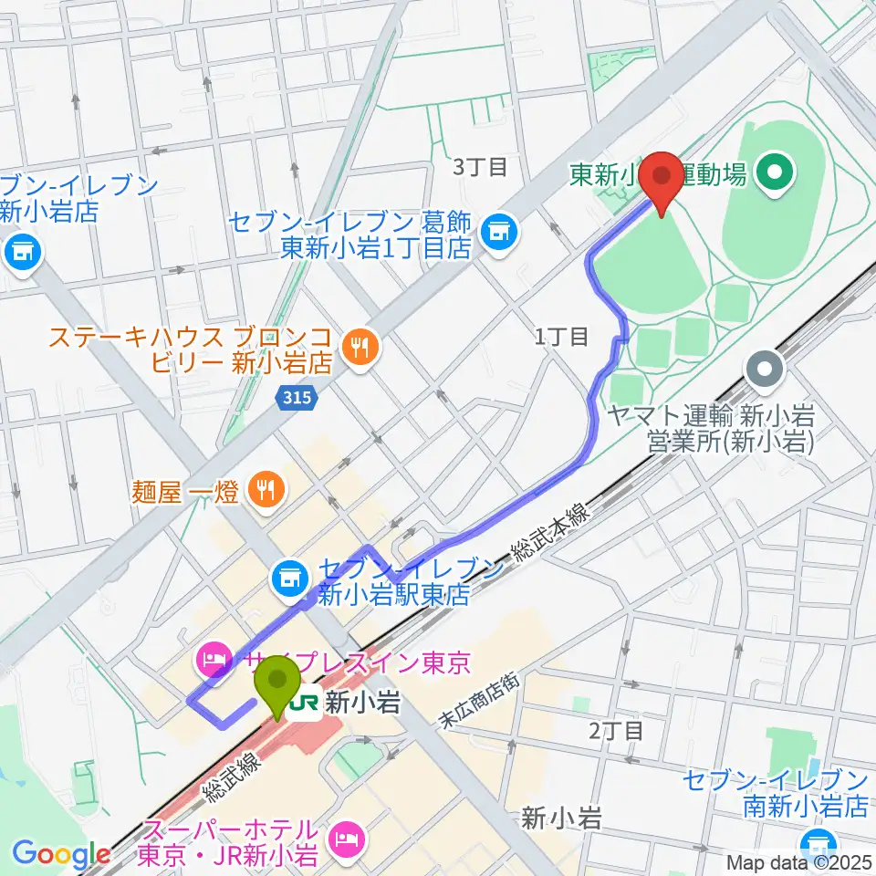 東新小岩運動場 野球場の最寄駅新小岩駅からの徒歩ルート（約11分）地図