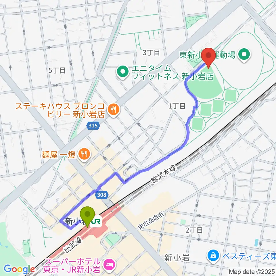 東新小岩運動場 野球場の最寄駅新小岩駅からの徒歩ルート（約11分）地図