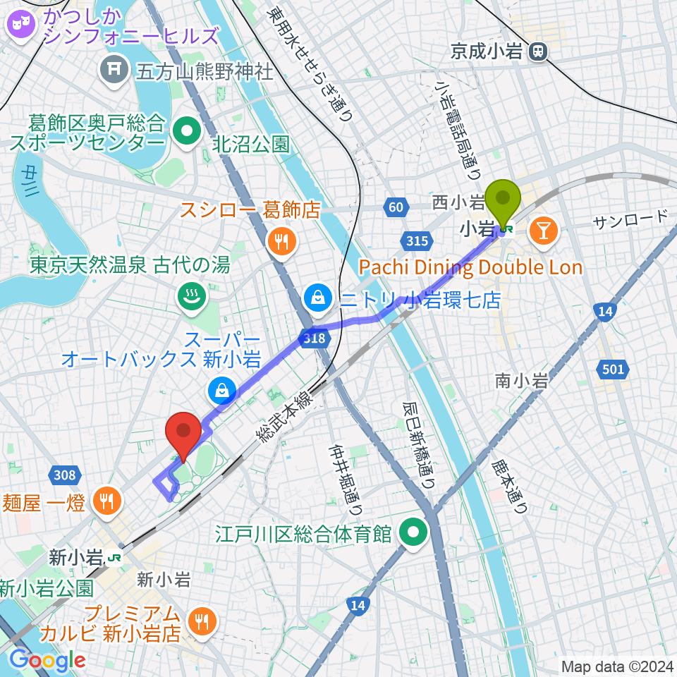 小岩駅から東新小岩運動場 野球場へのルートマップ地図