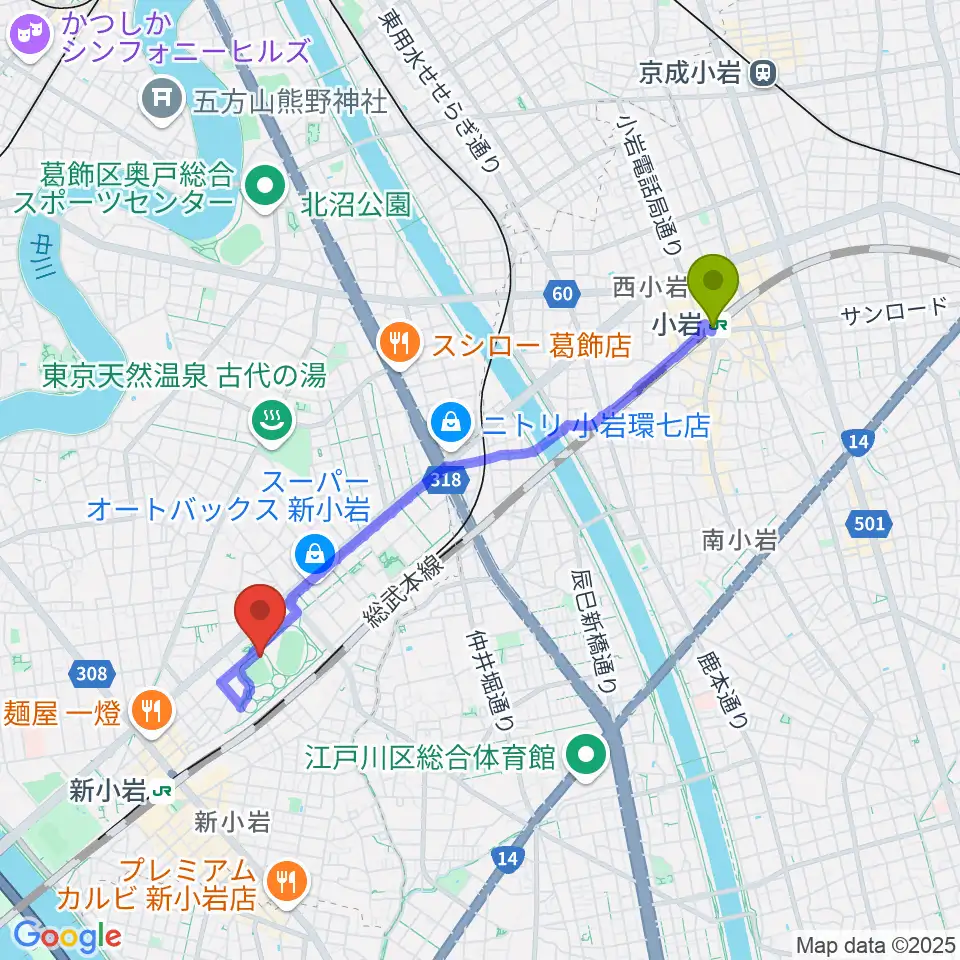 小岩駅から東新小岩運動場 野球場へのルートマップ地図