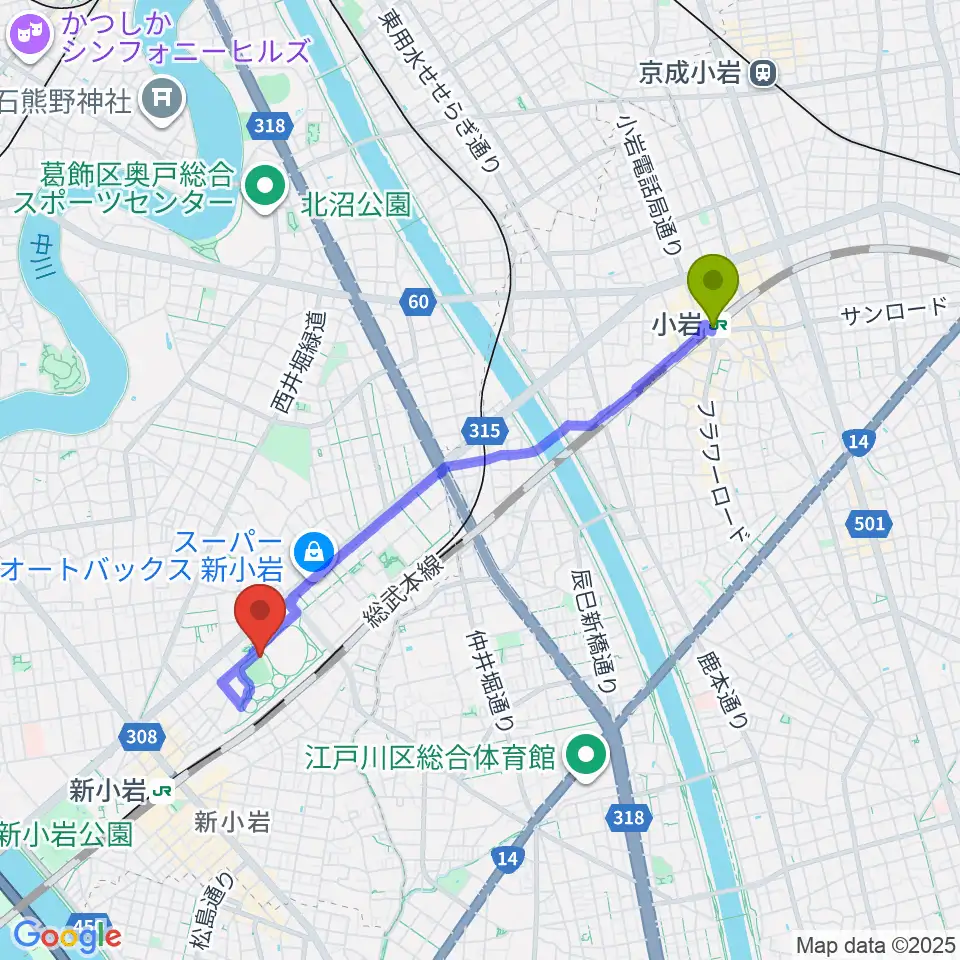 小岩駅から東新小岩運動場 野球場へのルートマップ地図