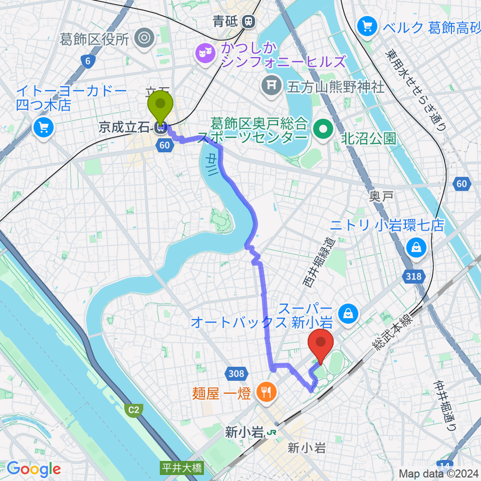 京成立石駅から東新小岩運動場 野球場へのルートマップ地図