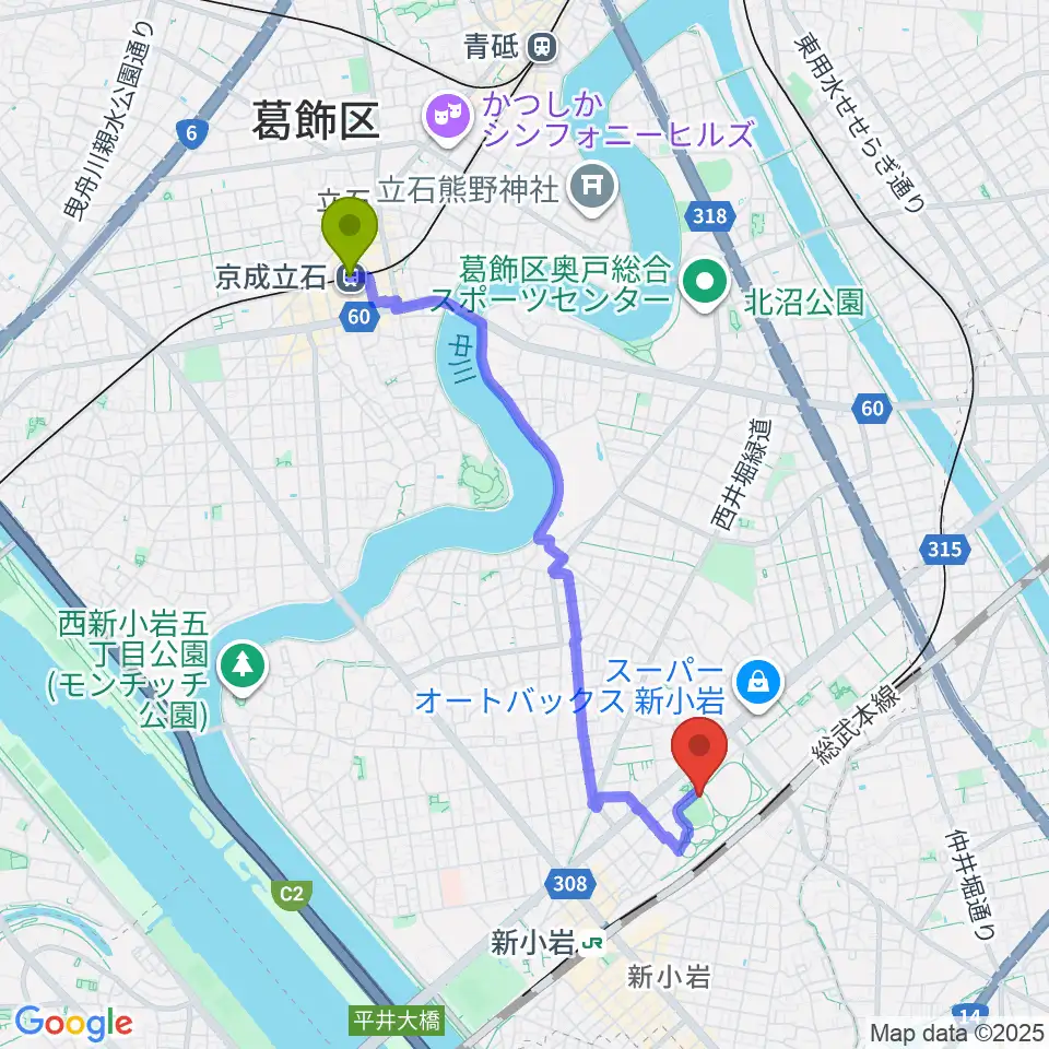 京成立石駅から東新小岩運動場 野球場へのルートマップ地図