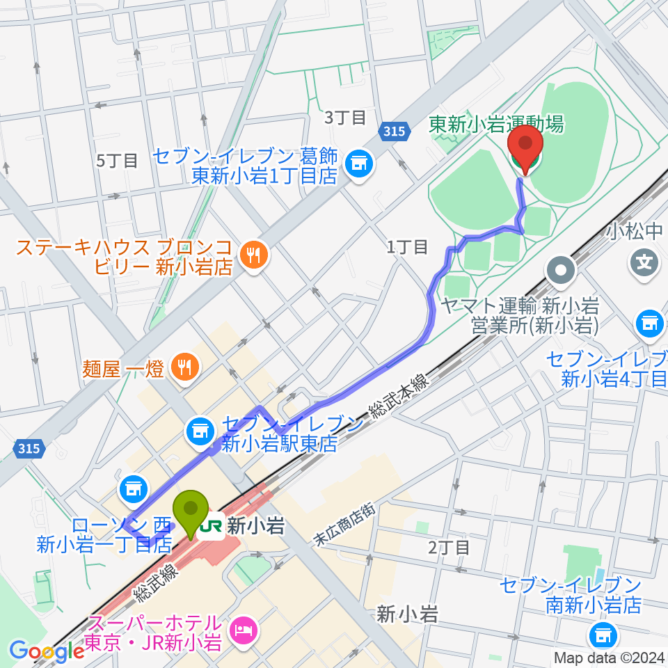 東新小岩運動場 陸上競技場の最寄駅新小岩駅からの徒歩ルート（約12分）地図