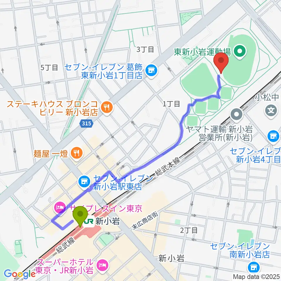 東新小岩運動場 陸上競技場の最寄駅新小岩駅からの徒歩ルート（約12分）地図