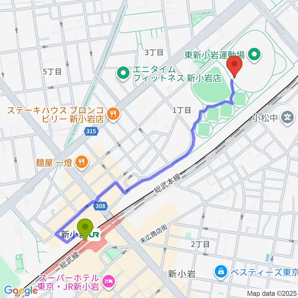 東新小岩運動場 陸上競技場の最寄駅新小岩駅からの徒歩ルート（約12分）地図