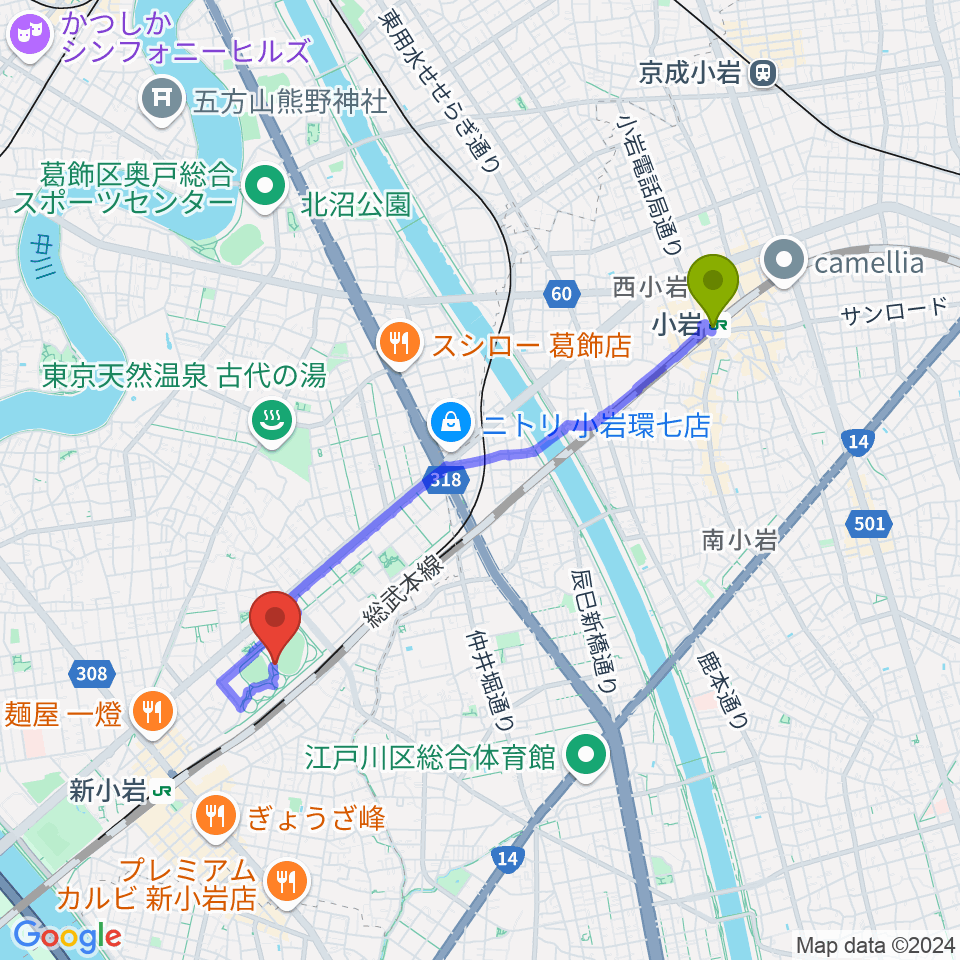 小岩駅から東新小岩運動場 陸上競技場へのルートマップ地図