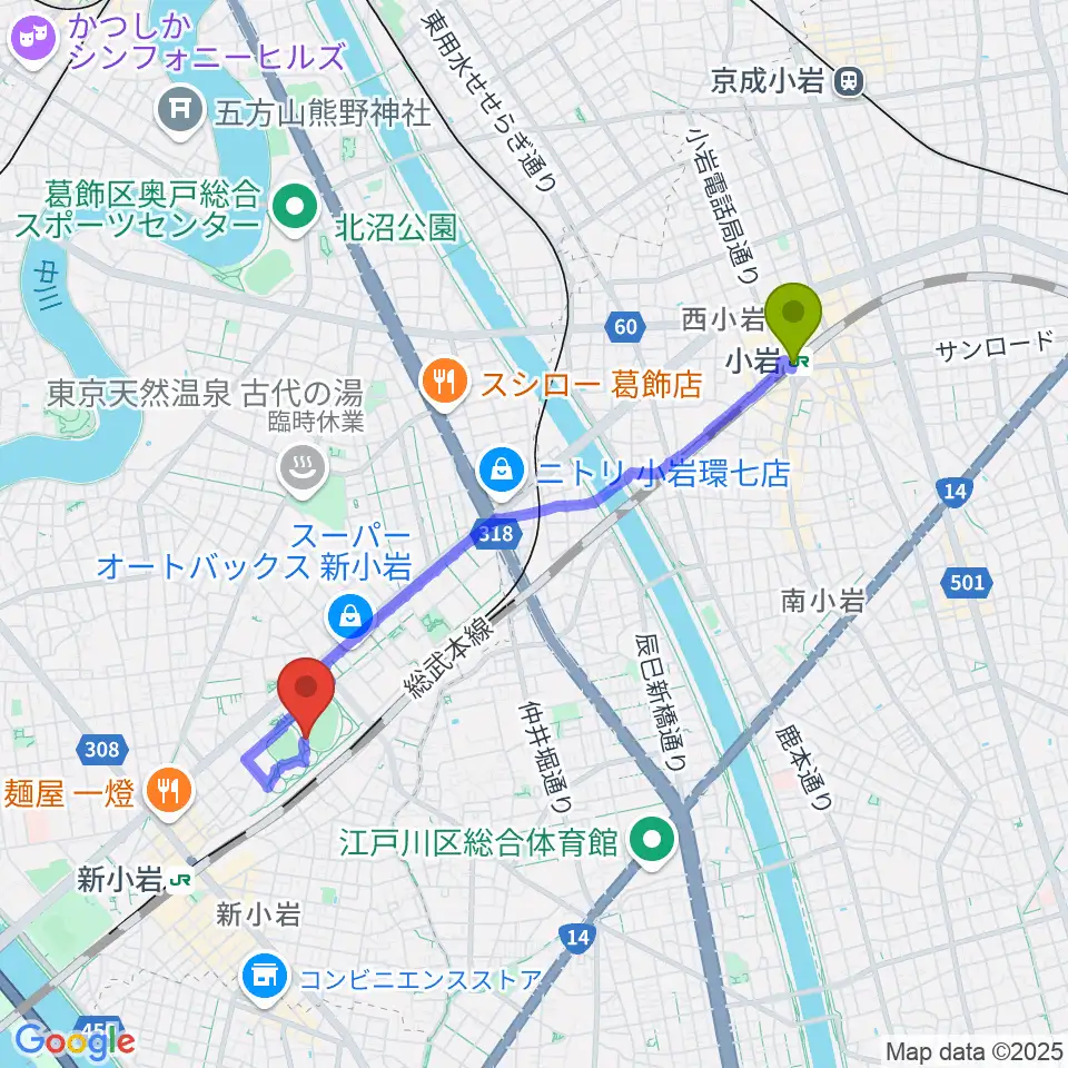 小岩駅から東新小岩運動場 陸上競技場へのルートマップ地図