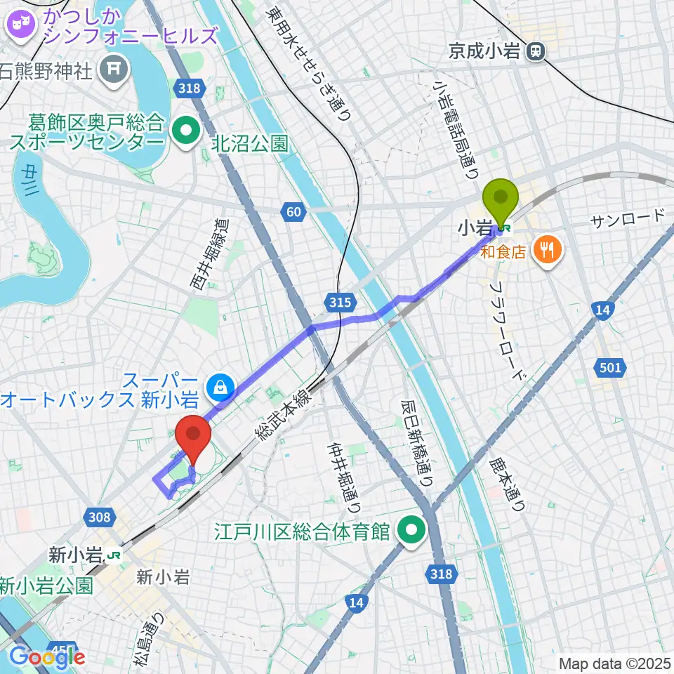 小岩駅から東新小岩運動場 陸上競技場へのルートマップ地図