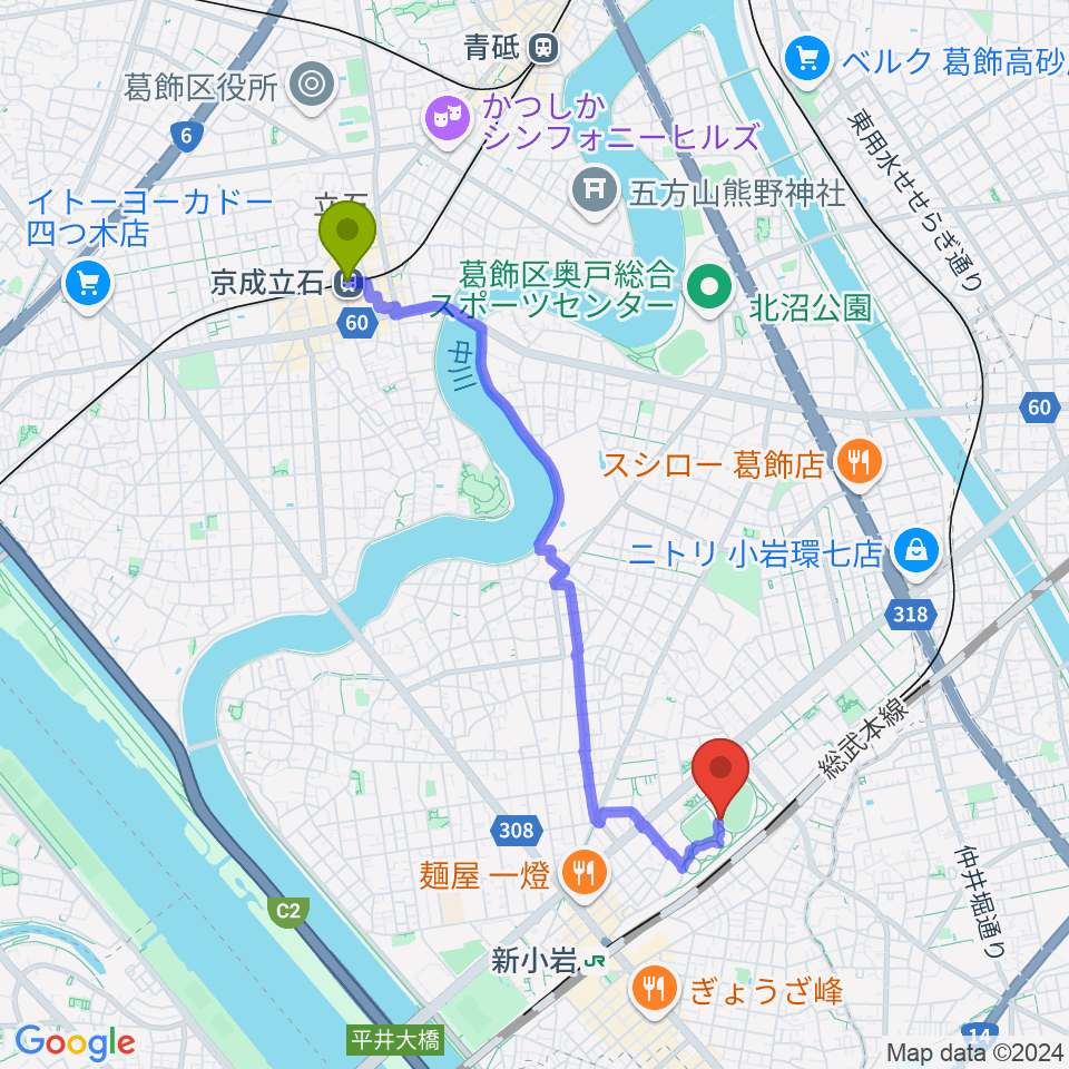 京成立石駅から東新小岩運動場 陸上競技場へのルートマップ地図