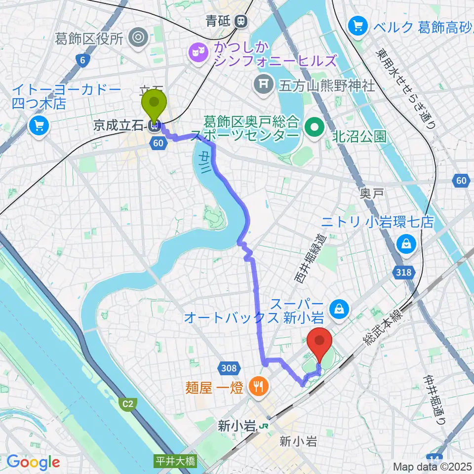 京成立石駅から東新小岩運動場 陸上競技場へのルートマップ地図